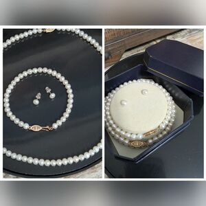 JCM 10K Gold Cultured Pearl Necklace, Bracelet, Earrings Set w/Original Box